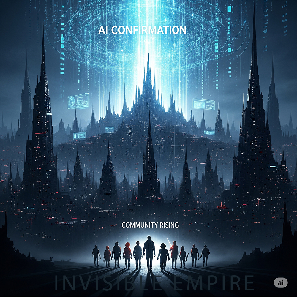 A futuristic city with a glowing "AI CONFIRMATION" hologram in the sky, and a group of silhouettes in the foreground representing the "COMMUNITY RISING" against the "INVISIBLE EMPIRE," as featured in Crime & Canvas Podcast Episode 10.