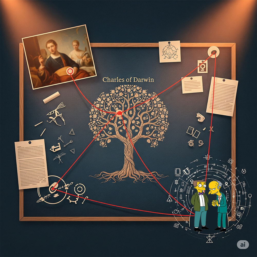 A visual diagram of the connections and clues from Crime & Canvas Podcast Episode 9, including Charles Darwin's notebooks, stolen art, and characters from The Simpsons.